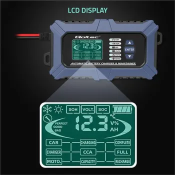 Qoltec Inteligentna mikroprocesorowa ładowarka z testerem baterii i funkcją naprawy 12V | 6A | LCD | Prostownik do aku