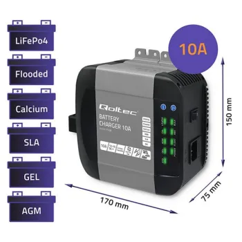 Qoltec Inteligentna ładowarka Monolith do akumulatorów LiFePO4 AGM GEL SLA | 10A | 12V-1264900