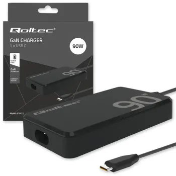 Qoltec Ładowarka sieciowa 90W GaN Super Fast SLIM | PD | 5-20V | 4.5A | USB-C 3.1 | Laptop | MacBook | Smartfon | + kab