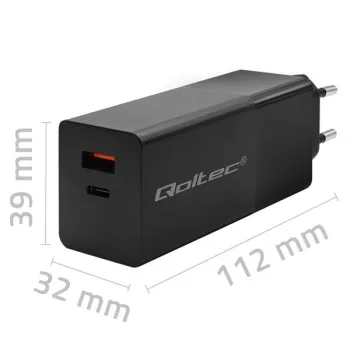 Qoltec Ładowarka GaN POWER PRO | 1xUSB-C | 1xUSB | 100W | 5-20V | 1.5-5A | PD | Laptop | Smartfon | Czarna-1265096