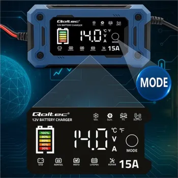Qoltec Inteligentna mikroprocesorowa ładowarka 12V 15A | Prostownik z funkcją naprawy i podtrzymania zasilania podczas