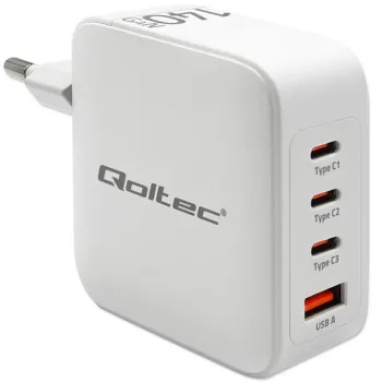 Qoltec Ładowarka sieciowa 140W GaN  | 5-20V | 2.5-5A | 3 x USB-C PD | 1 x USB QC 3.0 | Laptop | Smartfon | Biała-12657