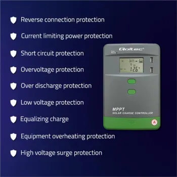 Qoltec Solarny regulator ładowania MPPT z czujnikiem temperatury 40A |12V / 24V | LCD | 2 x USB | Bluetooth | APP | GEL