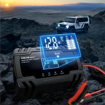 Qoltec Inteligentna mikroprocesorowa ładowarka 12V 8A | 24V 4A| Prostownik z funkcją naprawy do akumulatora AGM GEL | 