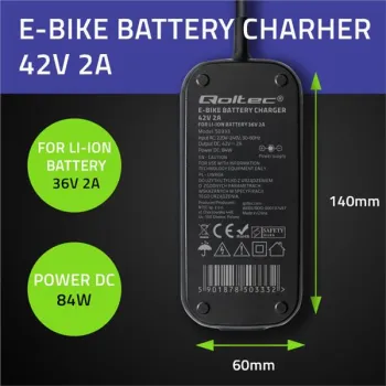 Qoltec Szybka Ładowarka do roweru skutera elektrycznego 36V | 42V | 2A | 5.5*2.5 | wodoodporna +kabel zasilający-12661