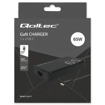 Qoltec Ładowarka sieciowa 65W GaN Super Fast SLIM | PD | 5-20V | 3.25A | USB-C 3.1 | Laptop | MacBook |  Smartfon | + k