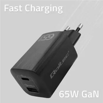 Qoltec Ładowarka sieciowa 65W GaN ULTRA | 5-20V | 2.25-3.25A | 1 x USB typ C PD | 1 x USB QC 3.0 | Laptop | Smartfon | 