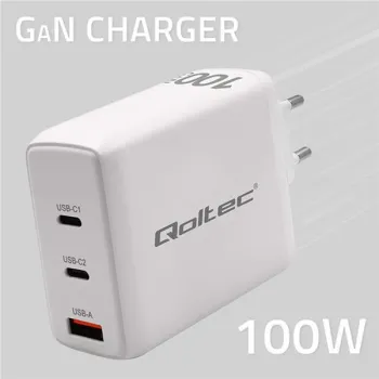 Qoltec Ładowarka sieciowa 100W GaN  | 5-20V | 1.5-5A | 2 x USB-C PD | 1 x USB QC 3.0 | Laptop | Smartfon | Biała-12657