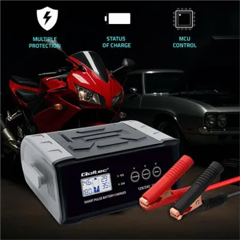 Qoltec Inteligentna mikroprocesorowa ładowarka 12V  24V 25A| Prostownik z funkcją naprawy do akumulatora AGM GEL SLA |