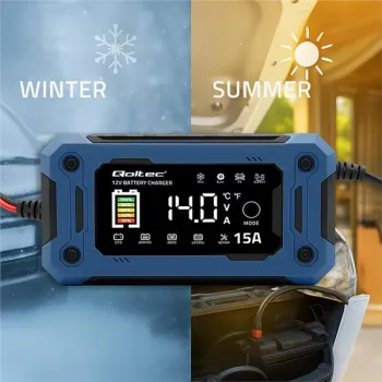 Qoltec Inteligentna mikroprocesorowa ładowarka 12V 15A | Prostownik z funkcją naprawy i podtrzymania zasilania podczas