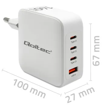 Qoltec Ładowarka sieciowa 140W GaN  | 5-20V | 2.5-5A | 3 x USB-C PD | 1 x USB QC 3.0 | Laptop | Smartfon | Biała-12657