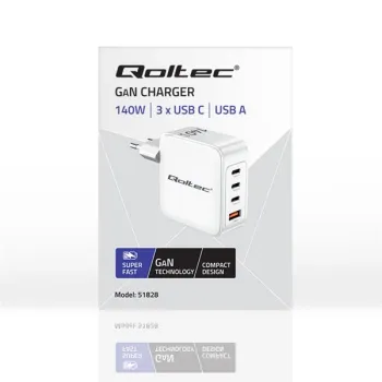 Qoltec Ładowarka sieciowa 140W GaN  | 5-20V | 2.5-5A | 3 x USB-C PD | 1 x USB QC 3.0 | Laptop | Smartfon | Biała-12657
