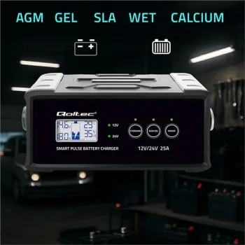 Qoltec Inteligentna mikroprocesorowa ładowarka 12V  24V 25A| Prostownik z funkcją naprawy do akumulatora AGM GEL SLA |