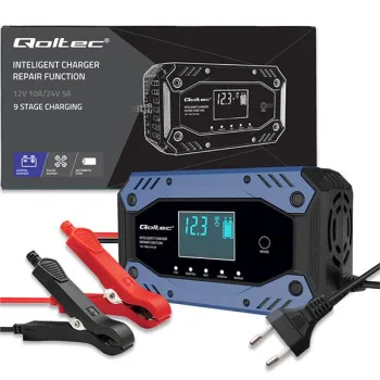 Qoltec Inteligentna ładowarka do akumulatora STD AGM GEL LiFePO4 | Prostownik z funkcją naprawy |12-24V |10A | LCD | 9