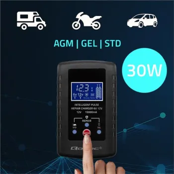 Qoltec Automatyczna ładowarka do akumulatora AGM GEL STD 6V/12V| 2A | Prostownik z funkcją naprawy i wyświetlaczem LE