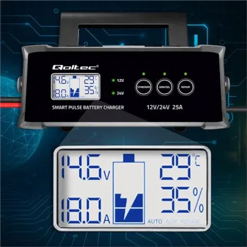 Qoltec Inteligentna mikroprocesorowa ładowarka 12V  24V 25A| Prostownik z funkcją naprawy do akumulatora AGM GEL SLA |