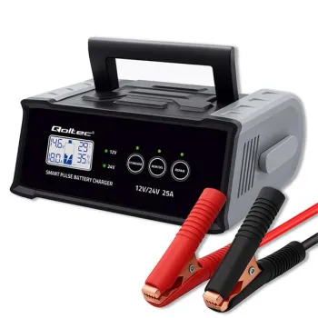 Qoltec Inteligentna mikroprocesorowa ładowarka 12V  24V 25A| Prostownik z funkcją naprawy do akumulatora AGM GEL SLA | LCD