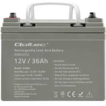 Qoltec  Akumulator AGM | 12V | 36Ah | Bezobsługowy | Wydajny | LongLife | do UPS, skutera-1265239