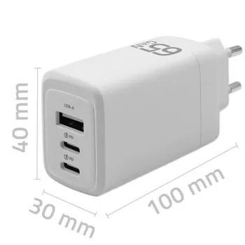 Qoltec Ładowarka sieciowa 65W GaN  | 5-20V | 3-3.35A | 2 x USB-C PD | 1 x USB QC 3.0 | Laptop | Smartfon | Biała-12657