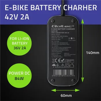 Qoltec Szybka Ładowarka do roweru skutera elektrycznego XIAOMI 36V | 42V | 2A | 8.0*8.0mm+pin | wodoodporna +kabel zasi