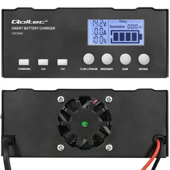 Qoltec Inteligentna mikroprocesorowa ładowarka 12A | 12V | 24V | Prostownik z LCD i funkcją naprawy do AGM GEL LiFePO4