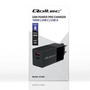 Qoltec Ładowarka GaN POWER PRO | 1xUSB-C | 1xUSB | 100W | 5-20V | 1.5-5A | PD | Laptop | Smartfon | Czarna-1265094