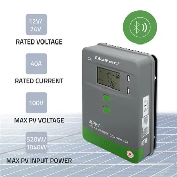 Qoltec Solarny regulator ładowania MPPT z czujnikiem temperatury 40A |12V / 24V | LCD | 2 x USB | Bluetooth | APP | GEL