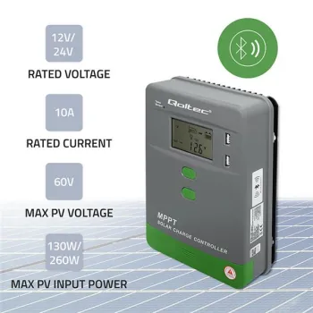 Qoltec Solarny regulator ładowania MPPT z czujnikiem temperatury 10A |12V / 24V | LCD | 2 x USB | Bluetooth | APP | GEL