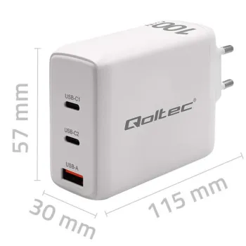 Qoltec Ładowarka sieciowa 100W GaN  | 5-20V | 1.5-5A | 2 x USB-C PD | 1 x USB QC 3.0 | Laptop | Smartfon | Biała-12657