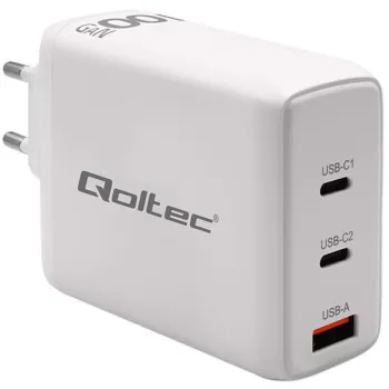 Qoltec Ładowarka sieciowa 100W GaN  | 5-20V | 1.5-5A | 2 x USB-C PD | 1 x USB QC 3.0 | Laptop | Smartfon | Biała-12657