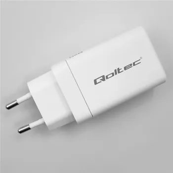 Qoltec Ładowarka sieciowa 65W GaN  | 5-20V | 3-3.35A | 2 x USB-C PD | 1 x USB QC 3.0 | Laptop | Smartfon | Biała-12657