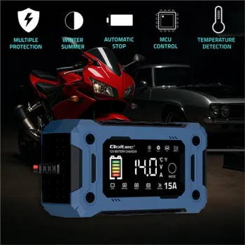 Qoltec Inteligentna mikroprocesorowa ładowarka 12V 15A | Prostownik z funkcją naprawy i podtrzymania zasilania podczas