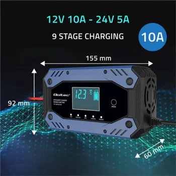 Qoltec Inteligentna ładowarka do akumulatora STD AGM GEL LiFePO4 | Prostownik z funkcją naprawy |12-24V |10A | LCD | 9
