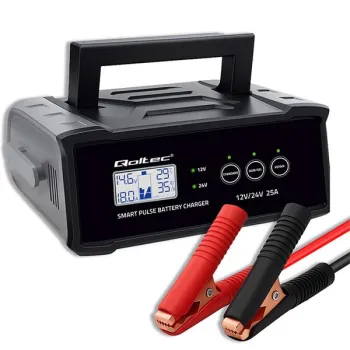 Qoltec Inteligentna mikroprocesorowa ładowarka 12V  24V 25A| Prostownik z funkcją naprawy do akumulatora AGM GEL SLA |