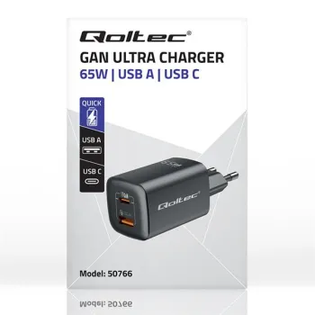 Qoltec Ładowarka sieciowa 65W GaN ULTRA | 5-20V | 2.25-3.25A | 1 x USB typ C PD | 1 x USB QC 3.0 | Laptop | Smartfon | 