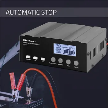 Qoltec Inteligentna mikroprocesorowa ładowarka 12A | 12V | 24V | Prostownik z LCD i funkcją naprawy do AGM GEL LiFePO4