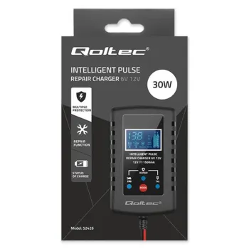 Qoltec Automatyczna ładowarka do akumulatora AGM GEL STD 6V/12V| 2A | Prostownik z funkcją naprawy i wyświetlaczem LE