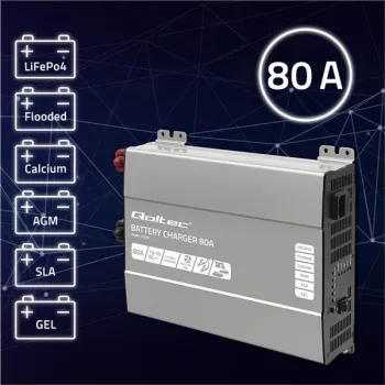 Qoltec Inteligentna profesjonalna ładowarka Monolith do akumulatorów LiFePO4 AGM GEL SLA | 80A | 12V | Szybkie ładowa