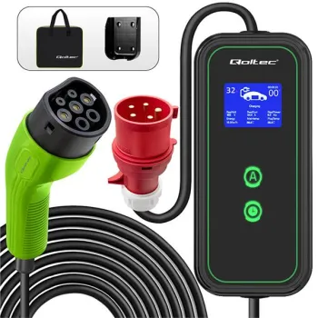 Qoltec Mobilna ładowarka do samochodu elektrycznego EV i hybryd z regulacją 2w1 Typ2 | 7kW | 230V | CEE 32A | LCD | Przenośna | Wallbox | 5m