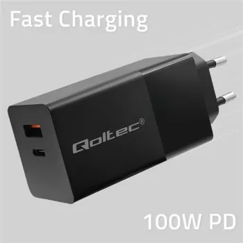 Qoltec Ładowarka GaN POWER PRO | 1xUSB-C | 1xUSB | 100W | 5-20V | 1.5-5A | PD | Laptop | Smartfon | Czarna-1265092