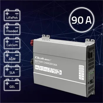 Qoltec Inteligentna profesjonalna ładowarka Monolith do akumulatorów LiFePO4 AGM GEL SLA | 90A | 12V | Szybkie ładowa