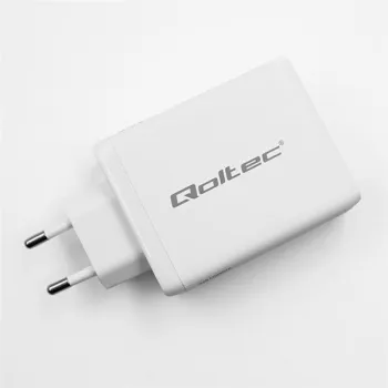 Qoltec Ładowarka sieciowa 100W GaN  | 5-20V | 1.5-5A | 2 x USB-C PD | 1 x USB QC 3.0 | Laptop | Smartfon | Biała-12657
