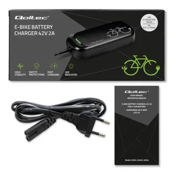 Qoltec Szybka Ładowarka do roweru skutera elektrycznego 36V | 42V | 2A | 5.5*2.5 | wodoodporna +kabel zasilający-12661