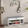 Szafka na buty z szarą poduszką i otwieranym siedziskiem 3 półki biała ModernHome-1273094