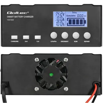 Qoltec Inteligentna mikroprocesorowa ładowarka 12A | 12V | 24V | Prostownik z LCD i funkcją naprawy do AGM GEL LiFePO4
