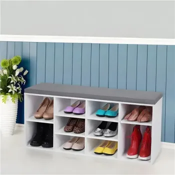 Szafka na buty z szarą poduszką 10 półek biała ModernHome-1273105