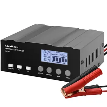 Qoltec Inteligentna mikroprocesorowa ładowarka 12A | 12V | 24V | Prostownik z LCD i funkcją naprawy do AGM GEL LiFePO4
