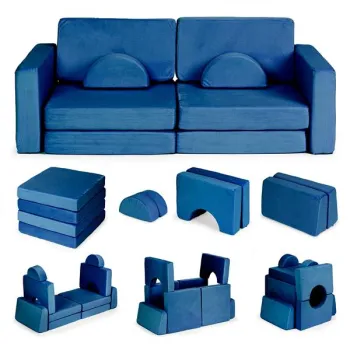 Sofa składana modułowa dla dzieci duża 2-osobowa DIY 10 miękkich poduch - niebieska ECOTOYS