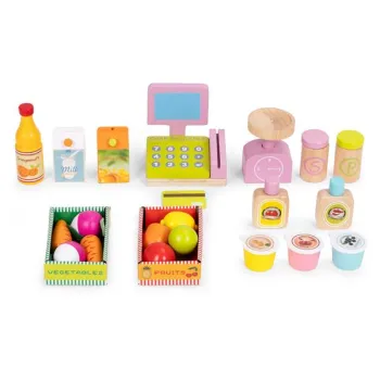 Duży drewniany stragan dla dzieci sklep z terminalem i wagą owoce warzywa 20 elementów ECOTOYS-1276116