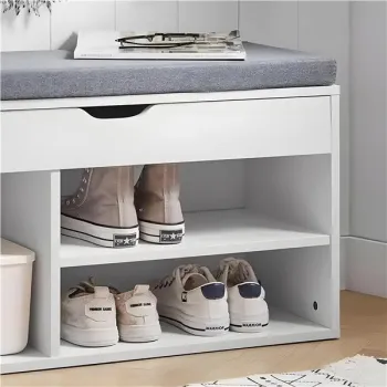 Szafka na buty z szarą poduszką i otwieranym siedziskiem 3 półki biała ModernHome-1273095